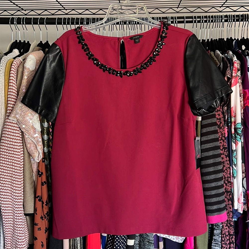 Embellished Neck Top Faux Leather Sleeves
